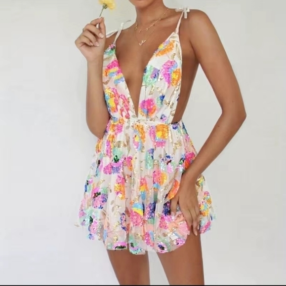 White Ditsy Floral, Embroidered,  Contrast Sequin Formal Mini Dress - Picture 2 of 11